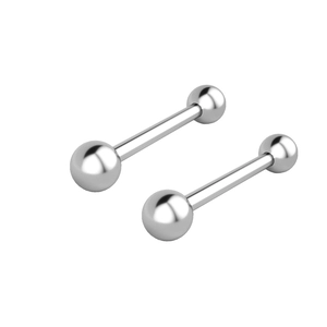 Macro view of polished stainless steel barbell rings with glossy screw-on metal spheres