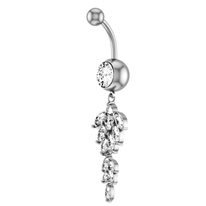 Macro detail of navel ring featuring marquise zircon leaves and silver curved bar jewelry