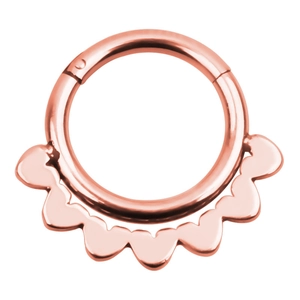 Macro detail of rose gold septum clicker with elegant scalloped petal edge design
