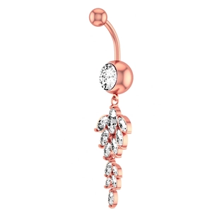 Macro detail of leaf-shaped navel piercing with marquise cubic zirconia in rose gold