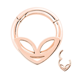 Rose gold alien head hinged clicker nose ring in polished stainless steel for piercing