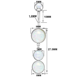 Detailed diagram of belly button ring showing opal stones and specific dimensions