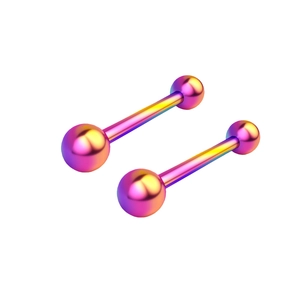 Macro shot of colorful iridescent stainless steel barbell piercings with metallic gradient