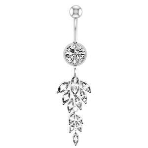 Detailed macro view of navel ring featuring marquise zircon leaf pendant and silver metal