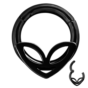 Detail of black hinged nose ring with a minimalist alien head cutout design