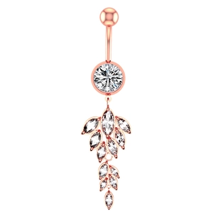 Detail of rose gold belly ring with leaf-shaped marquise stones and round zircon