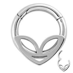 Polished silver nose clicker ring featuring a unique alien head design with hinge detail