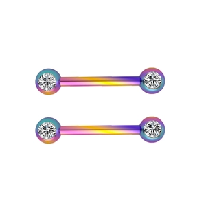 Rainbow stainless steel nipple rings with clear zircon studs on a white background