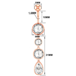 Detailed size specifications for rose gold navel ring with marquise zircon stones