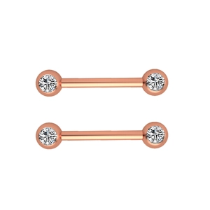 Rose gold stainless steel barbell piercing set with inlaid clear cubic zirconia crystals