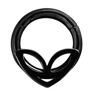 Detailed close-up of a black PVD coated hinged septum ring with alien head design