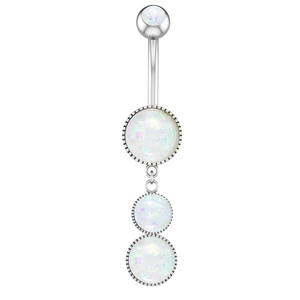 Vertical silver belly button ring with four cascading white opal stones on white base