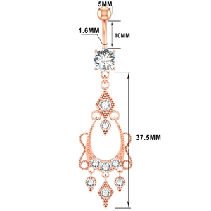 Detailed dimensions of a rose gold belly ring with sparkling zircon teardrop pendant