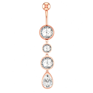 Close-up of rose gold navel ring with vertical round and pear-shaped crystals