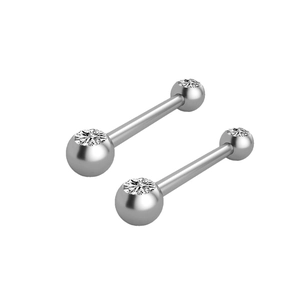 Detail showing polished silver steel barbell piercing studs with clear cubic zirconia gems