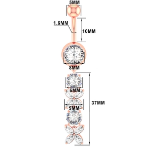 Detailed size chart of rose gold butterfly navel ring with marquise zircon stones