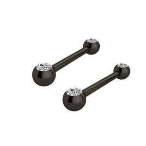 Detail view of two black stainless steel nipple bars with sparkling white rhinestones