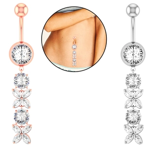 Macro detail of leaf-shaped navel ring with marquise cubic zirconia in rose gold and silver