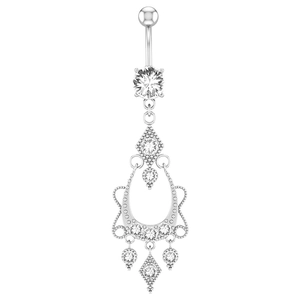 Elegant silver navel piercing ring with vintage hollow teardrop pendant and zircons