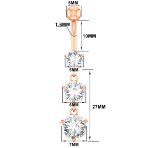 Detailed size chart of rose gold navel ring with three hanging cubic zirconia crystals