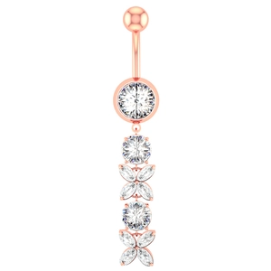 Macro detail of rose gold navel ring featuring marquise-cut zircon stones and flower design