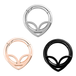 Three alien head hinged nose rings in silver, rose gold, and black metal finishes