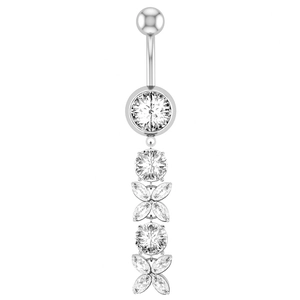 Silver navel ring with marquise zircon leaf pendant on a clean white background