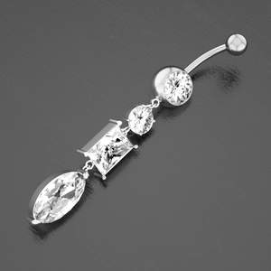 Detailed view of silver navel ring with marquise and emerald cut zircon stones