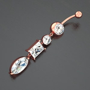 Detail of rose gold belly button ring with vertical tiered clear zircon stones