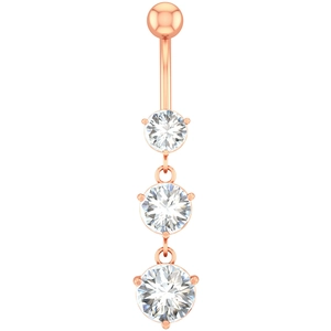 Detail of rose gold navel ring with three vertical clear cubic zirconia stones