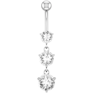 Detail of silver belly ring with three descending clear cubic zirconia stones