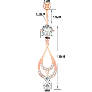 Detail view of rose gold belly ring with zircon teardrop pendant and size measurements