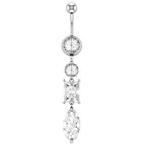 Vertical leaf-shaped belly ring with marquee and round zircon stones in silver finish