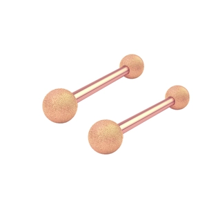 Macro view of rose gold stainless steel barbells with glitter sand finish spheres