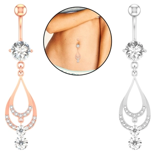 Detail of teardrop shaped navel rings in rose gold and silver with zircon stones