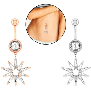 Detailed view of navel rings with round zircon and marquise leaf dangling star design