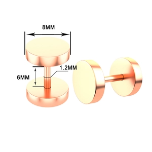 Detalle de pendientes barbell oro rosa con medidas de disco de 8mm y barra interna 6mm