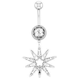 Leaf marquise zircon belly button ring with starburst pendant and curved steel bar