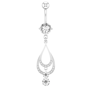 Detailed close-up of a silver belly ring featuring sparkling cubic zirconia pendants