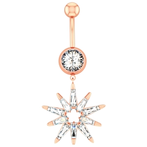 Close-up of rose gold belly ring with round crystal and marquise starburst pendant