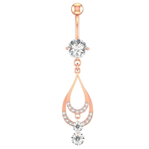Macro detail of rose gold belly ring with sparkling zircon in water drop dangle shape