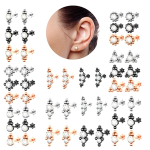 Exquisite 18-piece stud earring set in silver, rose gold, and black with Czech crystals