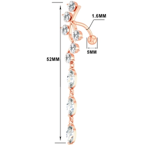 Detailed size chart for rose gold belly ring with zircon stones, showing 52mm length