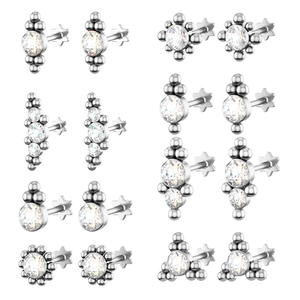 Set of 7 pairs of stainless steel stud earrings with clear cubic zirconia stones