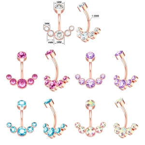 Detail view of five crystal navel rings in various colors with technical size diagrams
