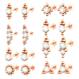 Rose gold ear cartilage studs set with sparkling round-cut crystals in multiple styles