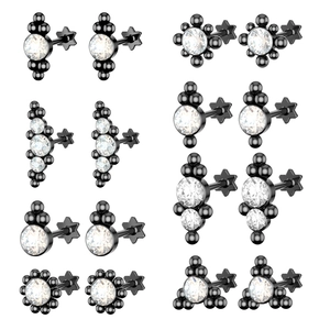 Set of 8 pairs black surgical steel earrings with sparkling round cubic zirconia