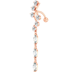 Detail of rose gold belly button ring with sparkling marquise cut cubic zirconia pendants