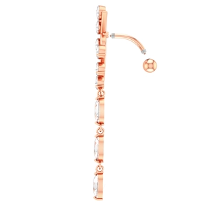 Macro view of rose gold belly button ring featuring seven vertical oval-cut cubic zirconia stones