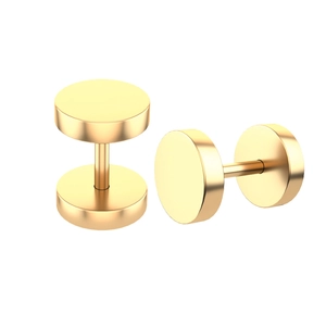 Par de pendientes de acero inoxidable dorado con forma de pesa sobre fondo blanco